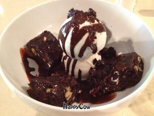 brownie bowl  with so delicious vanilla bean ice cream  at Real Food Daily - Pasadena in Pasadena