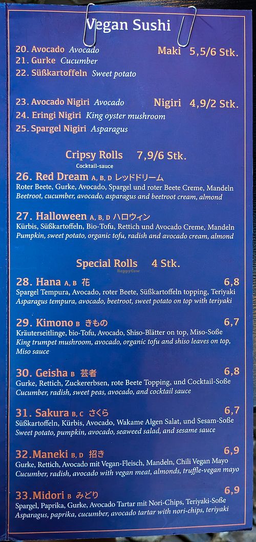 Menu page at Iro Izakaya Vegan at Iro Izakaya Vegan in Berlin