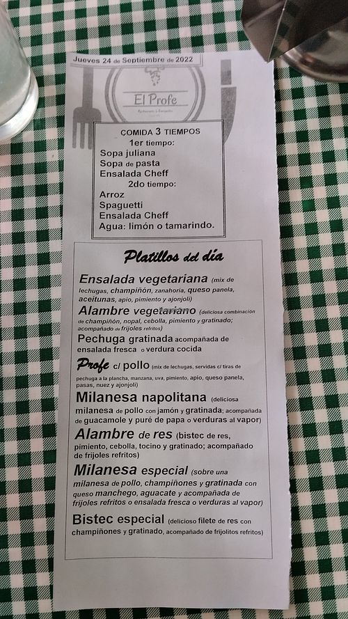 Menu at El Profe in Mexico City
