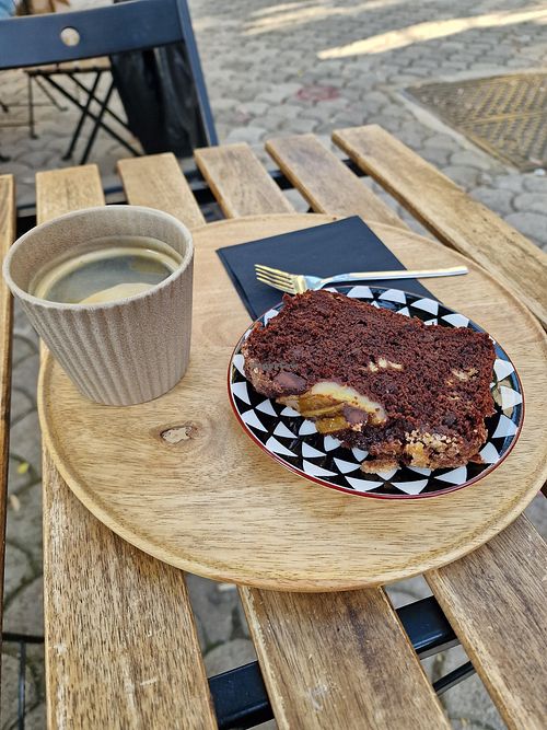 Vegan banana bread and americano at Hana Corner Cafe in Tirana