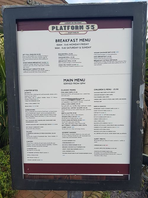 Menu at Platform 33 in South Shields