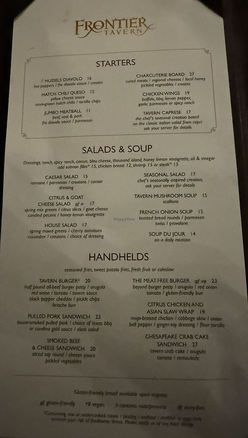 Front of menu, showing the Beyond Meat burger at Frontier Tavern in Bedford