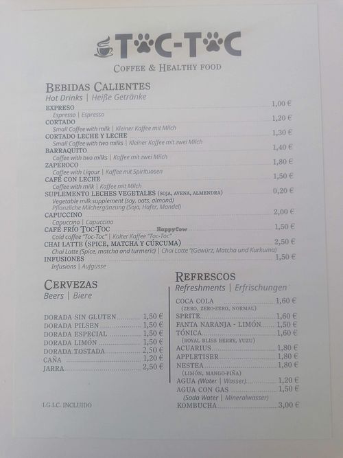 Menu at Toc Toc in Tenerife