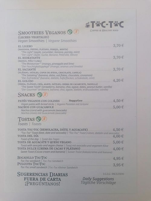 Menu at Toc Toc in Tenerife