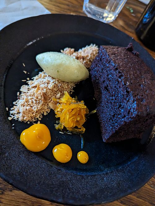 Chocolate brownie plus coconut shavings plus sorbet at The Snooty Tavern in St Neots
