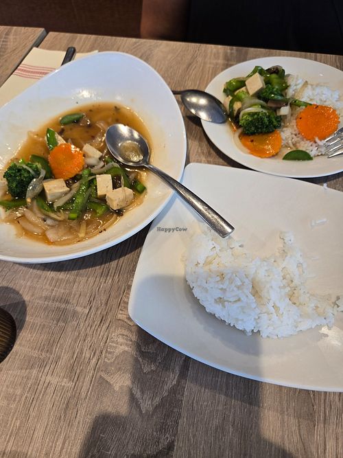 Ginger tofu with a side of jasmine rice. at Gingergrass in St Johns