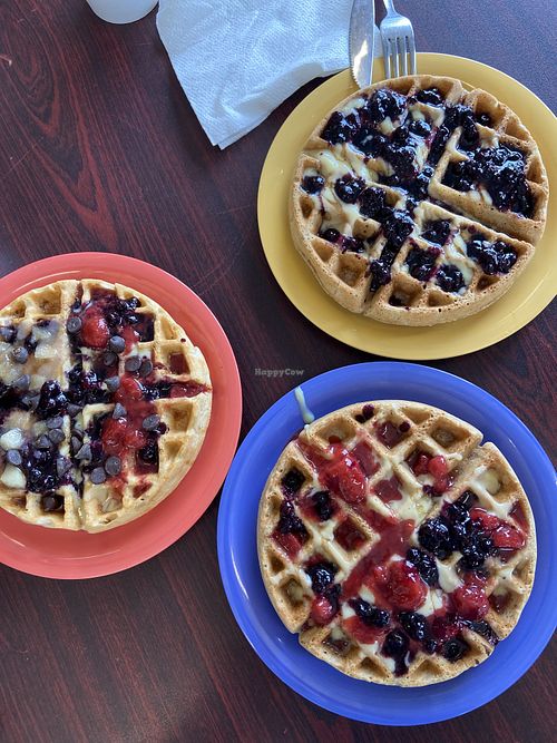 Vegan gf option on the left and the. Vegan waffles on the right with all our choices of toppings.  at The Waffle Lady in St Johns