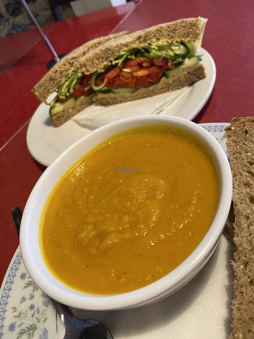 Hummus and veggie sandwich with their soup of the day with bread. This soup was a very cozy carrot ginger.  at Rocket Bakery Water Street in St Johns