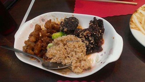 orange chcken , mongolian beef (veggimeat) brown rice at Veggie House in Las Vegas