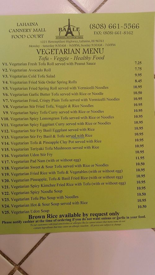 menu at Bale in Lahaina