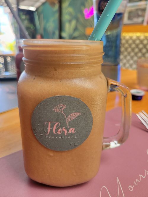 Peanut butter smoothie at Flora Vegan Cafe in Tamarindo