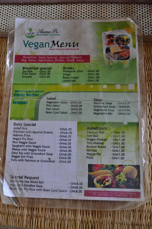 Menu for Asaase Pa.  Note that US$1 is approximately 2.4 cedis as of Jan. 2014.  Photo taken 30 Jan 2014. at Assase Pa - The Earth is Good in Accra