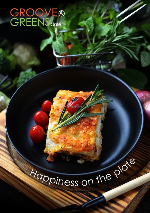 Happiness on the plate with the Vegan Lasagna at Groove & Greens Café in Nonthaburi