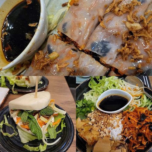 Vegan salad, vegan bao bun, and vegan rolls at Hanoi in Athens