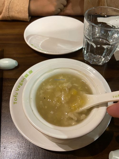 Sweet corn with chicken soup   at Tofu Vegan - Spitalfields in East London