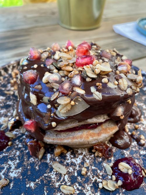 Chocolate and red fruit pancakes at M Cafe in Carcavelos