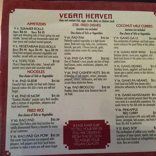 menu at Thai Palace in Holland