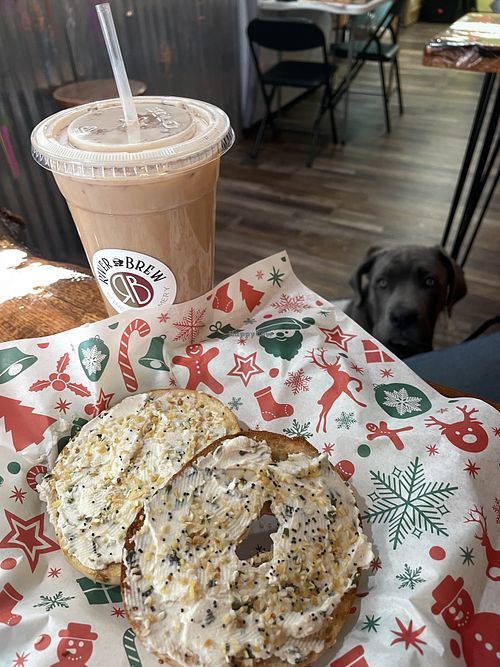 Dairy free Iced Chai tea latte and a bagel (with vegan cream cheese I brought, but they are looking into getting some of their own)   at River Brew Wine And Creamery in New Bern