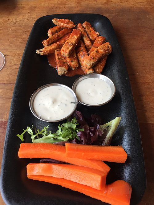 Beyond Meat chicken strips with buffalo sauce and vegan blue cheese! at Picazzo's Organic Italian Kitchen in Sedona