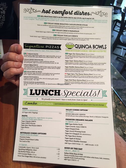 Separate vegan menu (p. 2) at Picazzo's Organic Italian Kitchen in Sedona