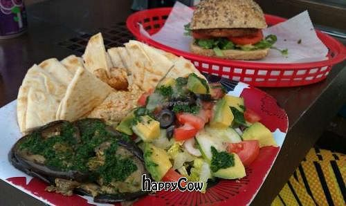 Vegan Burger and the Ana Special(platter of marinated eggplant, avocado, olives, cucumber and homemade hummus!)
 at Ocean View Delight in Fort Lauderdale
