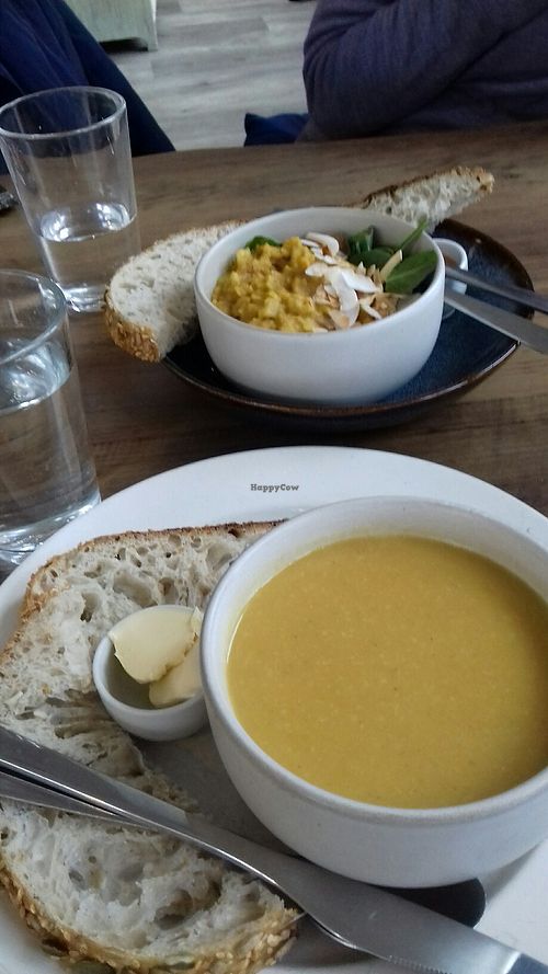 Soup with sourdough and dahl bowl with sourdough at The Highland Weigh in Nairn