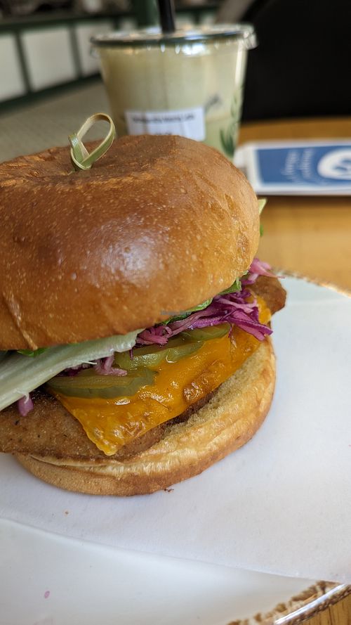 Vegan orange chicken burger at Green Papaya in Dallas