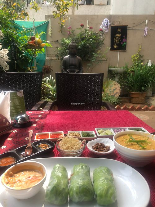 Thai fresh rice spring rolls with peanut sauce (front), and khow seuy with noodles (back) at The Thai Vegan Kitchen in Karnataka
