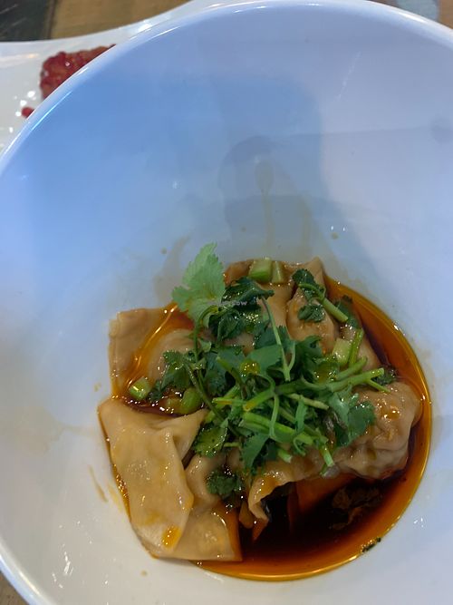 Schezuan wontons in sauce at Vegan District Asian Eatery in Loma Linda