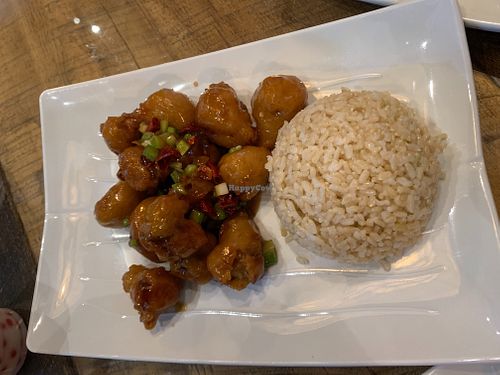 General Tso's mushrooms with brown rice at Vegan District Asian Eatery in Loma Linda