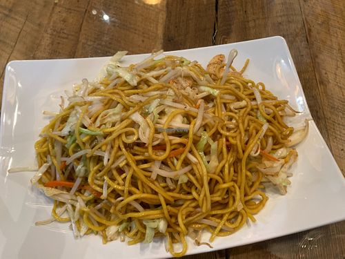Shrimp chow mein at Vegan District Asian Eatery in Loma Linda