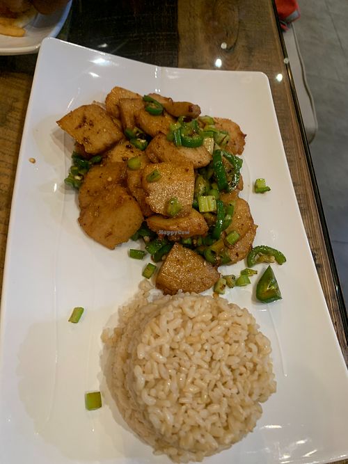 Mongolian pork with brown rice at Vegan District Asian Eatery in Loma Linda