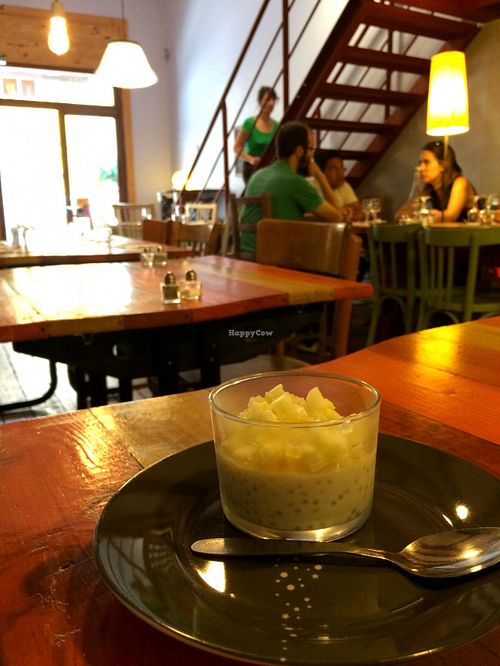 Tapioca dessert and shot of ground-floor dining room at Grain de Sable in Marseille