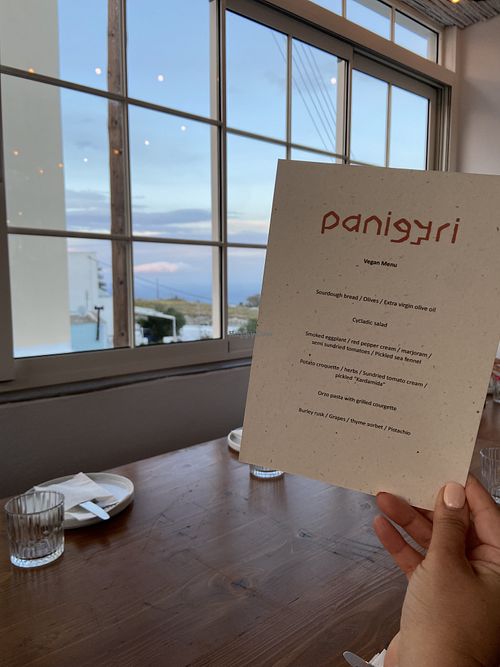 Our groups vegan menu and the view 😃   at Panigyri Festival Food in Santorini