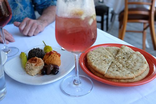 "Trio" of hummus, red pepper hummus and olive tapenade with pita at Santiago's Bodega in Key West