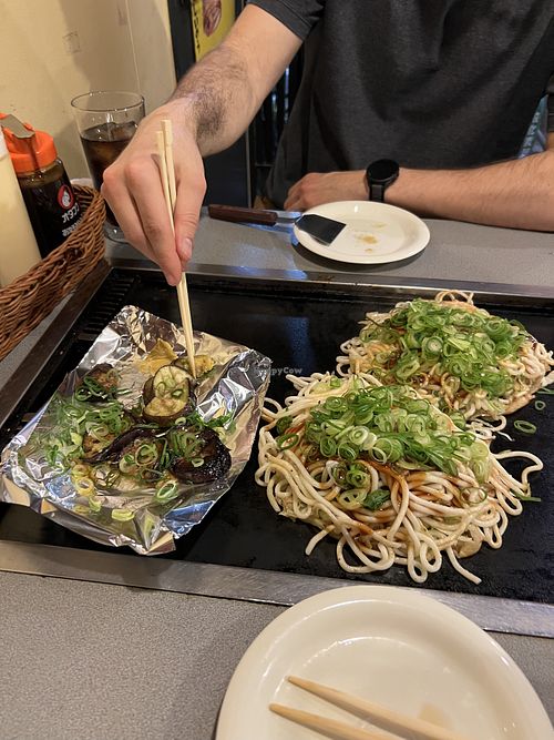 Eggplant with ponzu and two orders of vegan okonomiyakii  at Jirokichi - / 次郎吉 in Hiroshima