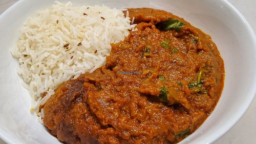 Baingan Bhartha and Basmati Rice Plated at home at Masala Bay in Littleton