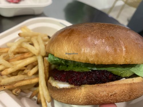 The house burger with the beet patty and air fried fries.  at RawASF in Elk Grove