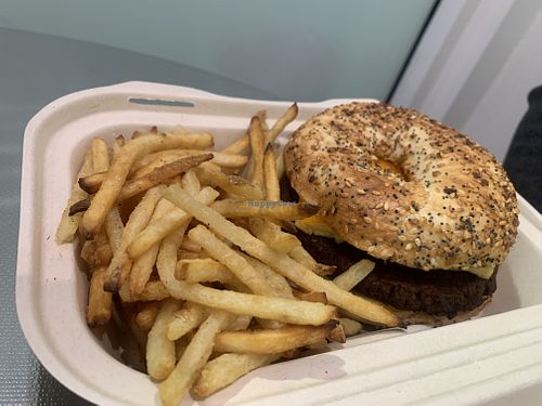 The steak and egg breakfast sandwich on an everything bagel.   at RawASF in Elk Grove