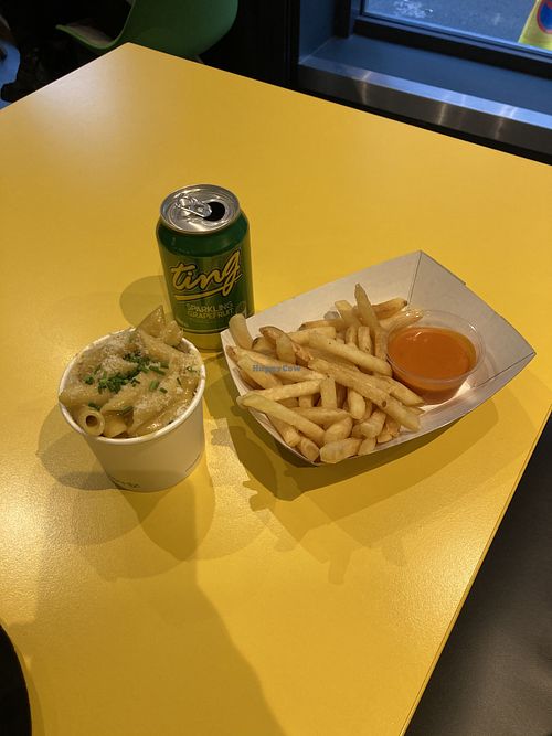 GF Mac n’ cheese w/ house fries  at V Rev Vegan Diner in Manchester