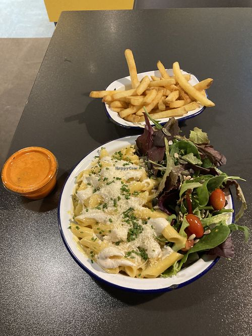 GF Mac & cheese and fries  at V Rev Vegan Diner in Manchester