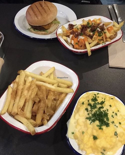 GF Mac & cheese w/ fries. ‘Chicken’ burger & loaded fries  at V Rev Vegan Diner in Manchester