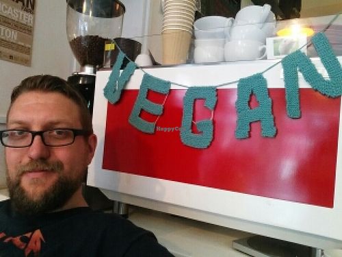 tea and cake break  at V Rev Vegan Diner in Manchester