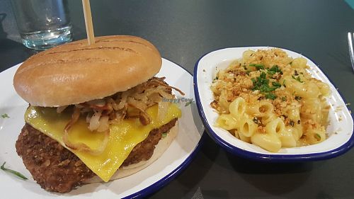 Kevin Bacon burger and side of mac'n cheese at V Rev Vegan Diner in Manchester
