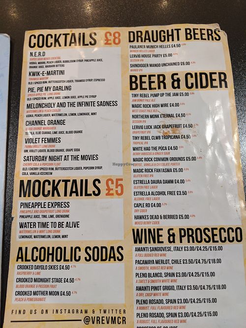 Drinks menu - alcohol and mocktails at V Rev Vegan Diner in Manchester