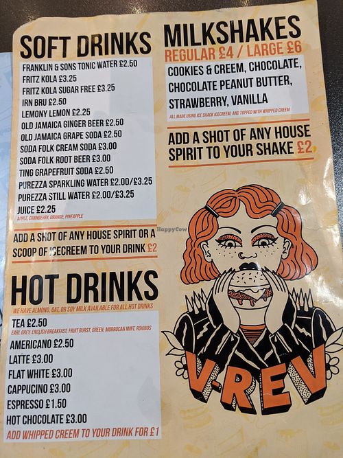 Drinks menu - including milkshakes at V Rev Vegan Diner in Manchester