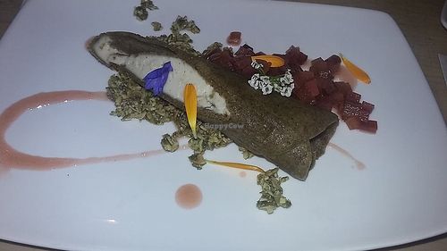 Rhubarb Crepe, Vanilla Cashew Cream, Pistachio Crumble, Confit Rhubarb, Rhubarb Syrup * at The Acorn in Vancouver