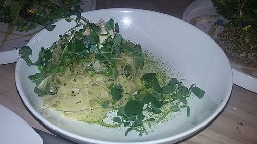 Spring Pea Tagliatelle, Pickled Ramps, Preserved Meyer Lemon Almond Ricotta, Wild Celery at The Acorn in Vancouver