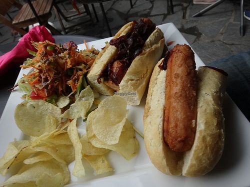 Sausage rolls with red onion chutney and salad at Greens Cafe in Grasmere