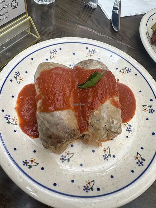 Vegan stuffed cabbage, with buckwheat and mushroom filling and tomato sauce   at Pierozek in Brooklyn
